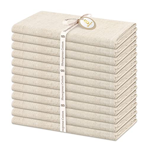 12 Pack Lin Serviettes en coton 40 x 40cm Dîner Tissu Serviettes de table Coton Lin Mélange Tissu Serviettes Lavable Lin Réutilisable Lin Table Serviettes pour Mariage Dîner Hôtel Parties Noël (Beige) Cover