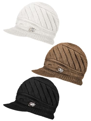 Fourluoo 3 piezas gorros de invierno para mujer con visera