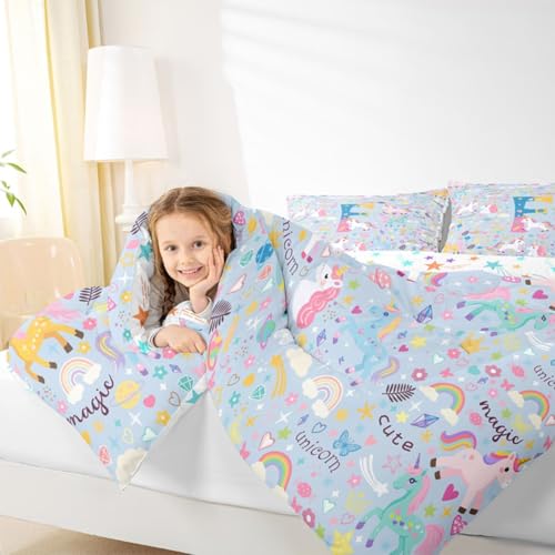 Edredón de unicornio azul reversible de cama individual con inicial F 4