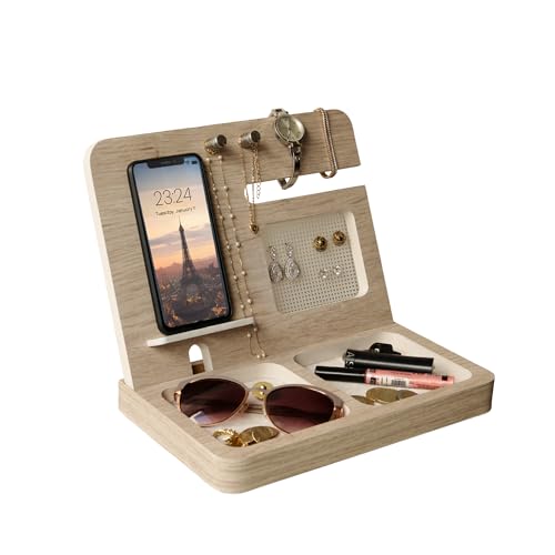 Product Image of the Namore Nightstand Organizer for Women – Wood Phone Docking Station & Jewelry Valet Tray for Phone, Earrings, Wallet & Keys – Unique Gifts for Women, Wife, Mom