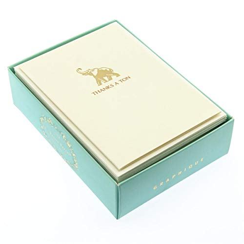 Graphique Elephant La Petite Presse Boxed Notecards - 10 Embossed And Embellished Gold Foil "Thanks A Ton" Elephant Notes With Matching Envelopes, 3.25" X 4.75 #TOP6