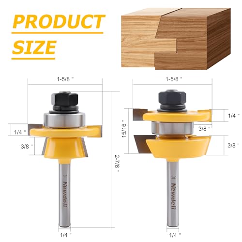 Image of Newdeli 2Pcs Shaker Rail and Stile Router Bit Set 1 /4 Inch Shank Tongue and Groove Router Bits Professional Carbide Milling Cutters for Woodworking for Cabinet Door