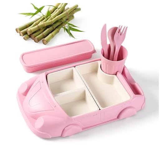 Kids garden Car Plate 8Pcs/Set Bamboo Children Dinnerware Sets - Dishwasher/Microwave Safe Includes Cutlery, Beautiful Plate, Separable Bowls & Cup Happy MealTime, Pink