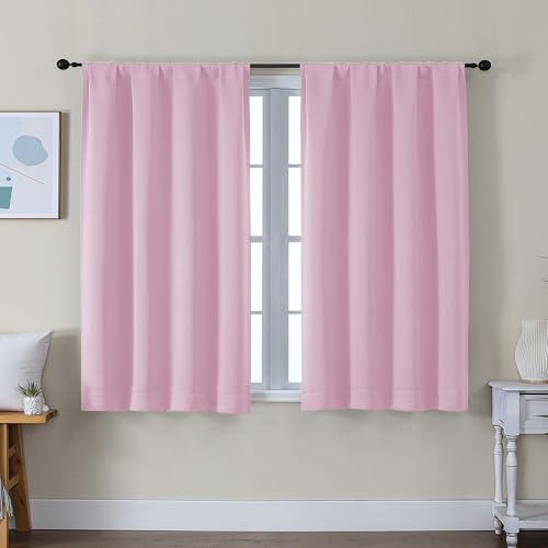 Image of Simplebrand Ava Pink Short Blackout Curtains for Bedroom 45 Inches Long 2 Panels Set, Solid Thermal Insulated, Energy Saving Window Treatment Curtains Blackout Drapes, W40 x L45 Inch, Pink