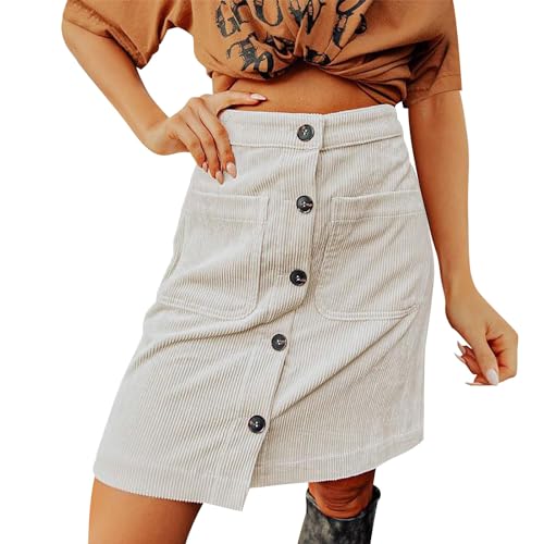 Faldas de pana para mujer, otoño/invierno, cintura alta, abotonadas, línea A, minifalda corta con bolsillos, talla 110, Blanco, XL