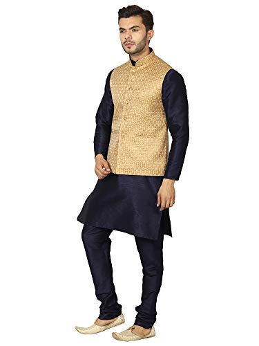 Image of Uri and MacKenzie Men's Silk Blend Regular Kurta Churidar Pyjama with Bundi Nehru Jacket /Waistcoat