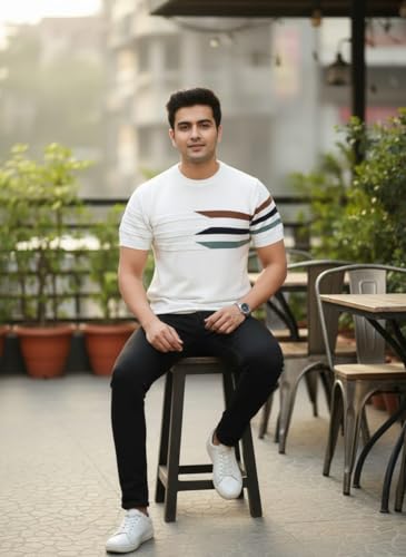 Image of Eonix Mens Regular Fit Round Neck Tshirt with Multicolored Lines Comfortable Cotton Blend Tee for Everyday Wear