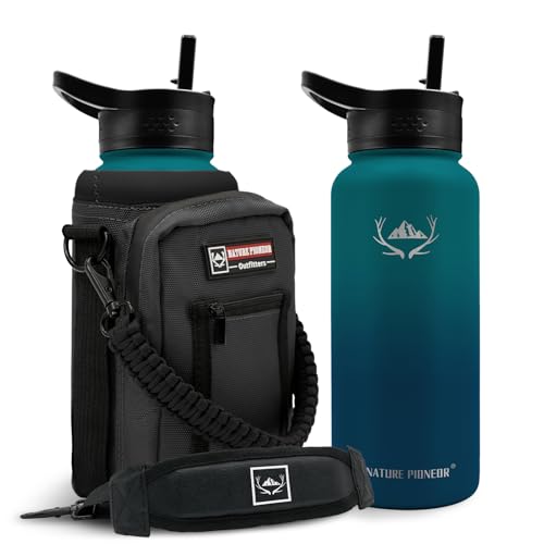 Image of NATURE PIONEOR 32 oz Insulated Water Bottle with Carrier Bag & 3 Lids