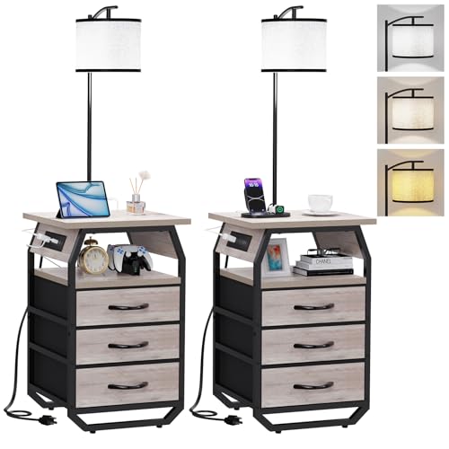 Image of runjuly Floor Lamp with Table Set 2, End Table with Light & Charging Greige