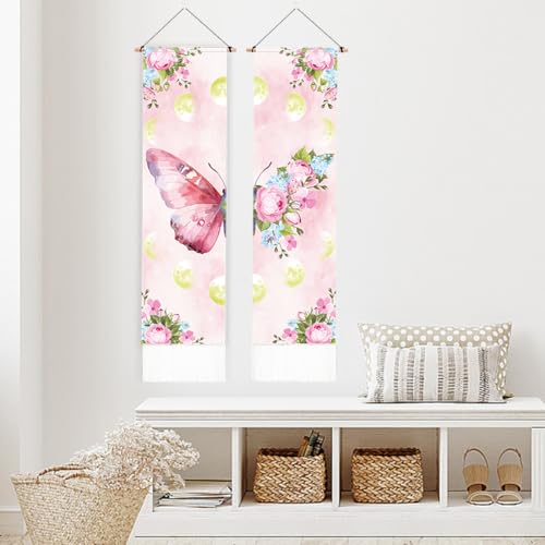 PLIGREAT 2 Pack Pink Butterfly Tapestry Aesthetic Wall Tapestry for Bedroom Bathroom Living Room Vintage Moon Phase Vertical Wall Hanging with Tassel Home Art Decor Housewarming Gift 52"x13"/130x33 cm - Image 4