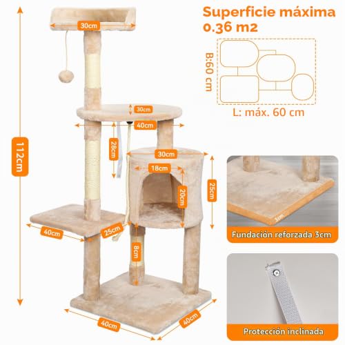 Miniatura 4 de Árbol Para Gatos 112cm,Torre De Juegos Para Gatos Con 3 Postes De Sisal,2 Plataformas,1 Nido Acolchado,1 Pompones,Múltiples Niveles,Beige,Adecuado Para Gatos De Tamaño Pequeño Y Mediano