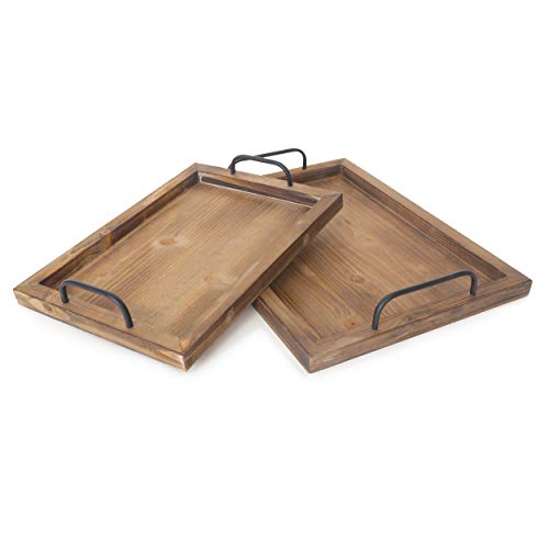 Besti Rustic Vintage Food Serving Trays (Set Of 2) | Nesting Wooden Board With Metal Handles | Stylish Farmhouse Decor Serving Platters | Large: 15 X2 X11" - Small: 13 X2 X9" Inches (Rustic Burnt) #TOP1