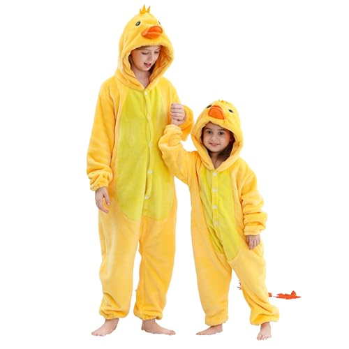 HAHASHOW Combinaison Pyjama Enfant Grenouillère Surpyjama Enfants Cosplay Cartoon Animaux à Capuche Unisexe Grenouillères Vêtements de Nuit Garcon Fille 5-6 Ans, Le Canard