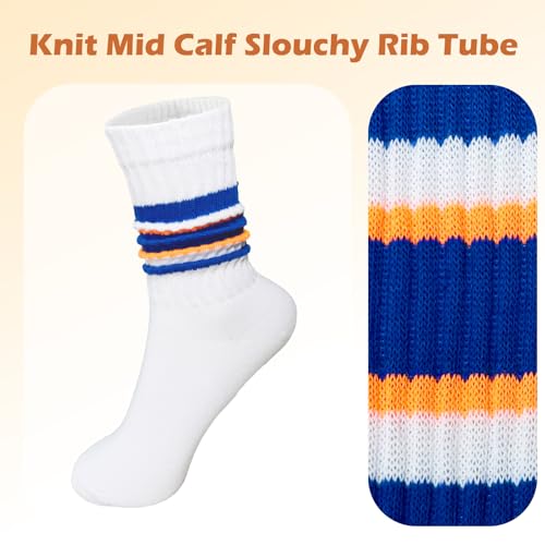 Women Retro Striped Crew Socks, Vintage Knit Mid Calf Rib Tube Slouch Casual Sport Calf Sock4