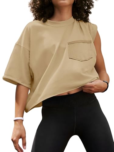 ATHMILE Teen Clothing Womens Oversized T-Shirts Short Sleeve Workout Crop Tops Casual Drop Shoulder Boxy Roll Hem Basic Loose Tees Lightkhaki