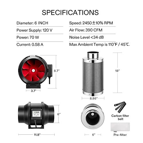 Vivosun Ventilation Kit 6 Inch 390 Cfm Inline Duct Fan With 6" X 18"Carbon Filter Odor Control System With Australia Virgin Charcoal For Grow Tent Ventilation #TOP3