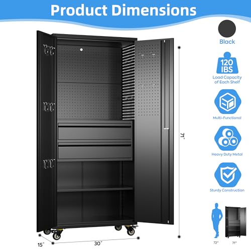 Image of Aobabo Metal Garage Cabinet on Wheels, 71 inch Lockable Cabinet with 2 Drawers