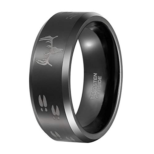 8mm Black Etched Deer Head Tungsten Carbide Wedding Band Men's Hunting Ring Size 6-15