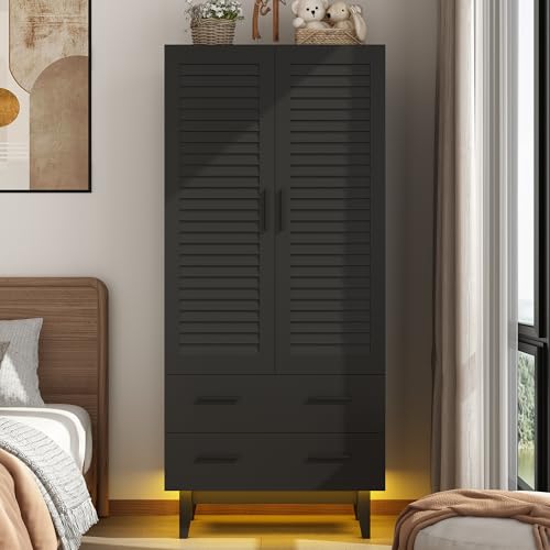 2-Door-Armoire-Wardrobe-Closet-Cabinet-with-Drawers-and-LED-Lights-Multi-Tier-Shelves-Hanging-Rod-2-Louver-Doors-Large-Capacity-Storage-Wardrobe-Armoire-for-Bedroom2-Doors-Black 2 Door Armoire Wardrobe Closet Cabinet with Drawers and LED Lights Multi Tier Shelves Hanging Rod 2 Louver Doors Large Capacity Storage Wardrobe Armoire for Bedroom2 Doors Black