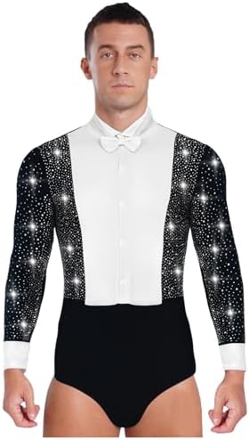 YiZYiF Men's Rhinestones Latin Dance Shirt Ballroom Leotard Long Sleeve Figure Skating Performance Dancewear