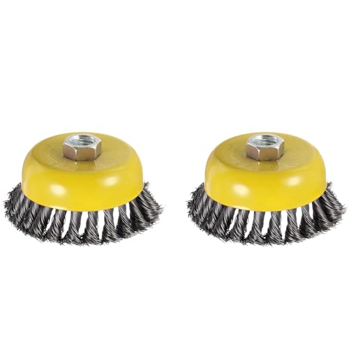 Image of 2 Pcs Twisted Knotted Wire Cup Brush for Angle Grinder - [4 Inch] for Paint Stripping Cleaning Rust Duty Abrasive, 5 /8 Inch-11 Threaded Arbor, .020 Carbon Steel Wire, Yellow