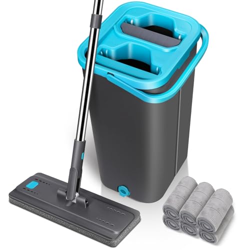 MASTERTOP Mopa Fregona y Cubo Escurridor para Limpieza Suelos Mopa Plana Microfibra con Cubo Dos Compartimentos y 6 Almohadillas Reutilizables para Madera Parquet Azulejo (Gris Oscuro)