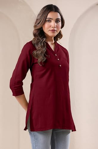 Image of Janasya Women's Light Blue Linen Cotton Solid A-line Top