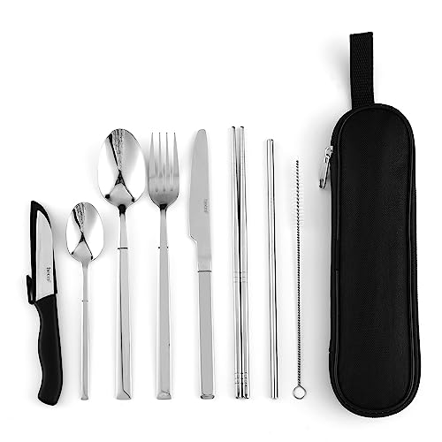 Hecef Travel Cutlery Set Portable Camping Flatware Set for 1, Premium Reusable 18/0 Stainless Steel with Sleek Case for Picnics (Silver)
