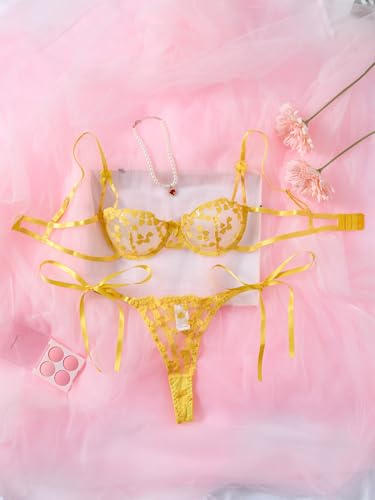 Image of Lilosy Sexy Tie Side Cute Underwire Push Up Strappy Embroidered Mesh Sheer Lingerie Set