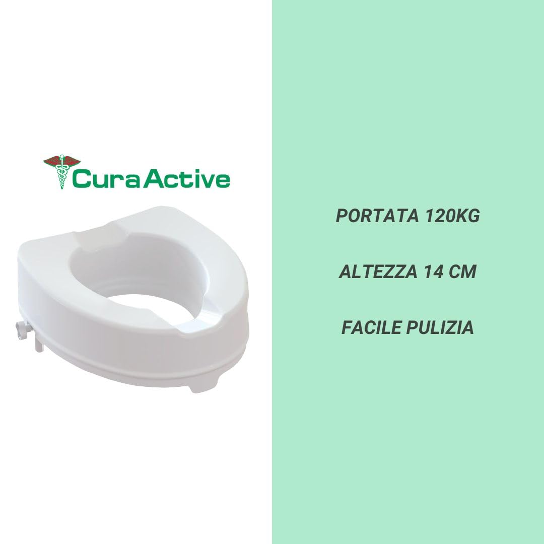 CURA FARMA Cura Active - Rialzo WC per Anziani e Disabili di 14H cm, Sollevatore Universale con Manopole di Blocco - Alzawater per Anziani, Protesi Anca e Mobilità Ridotta, Pratico ed Ergonomico