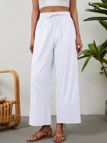 grewley Trendy Boho Linen Pants Wide Leg Long Trousers with Pockets White L — view 2