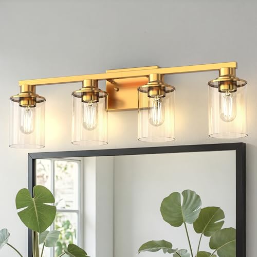 Image of DORESshop 4-Light Vanity Light Fixtures, Gold Bathroom Light Fixtures Over Mirror with Clear Glass Shade, Modern Vanity Lights for Living Room Bedroom