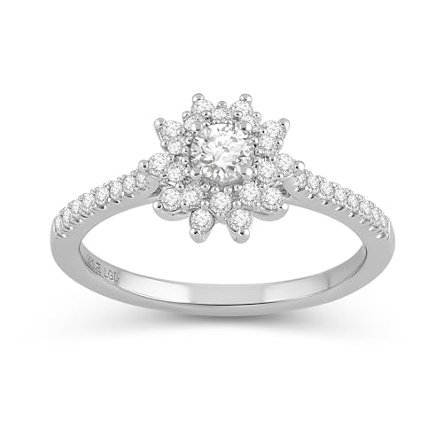 Jewelili 925 Sterling Silver Diamond Ring for Women | 0.50 CTW Flower Shaped Engagement Rings | H Color I1 Clarity | Lab Grown Diamond Ring | Size 6,7 & 8