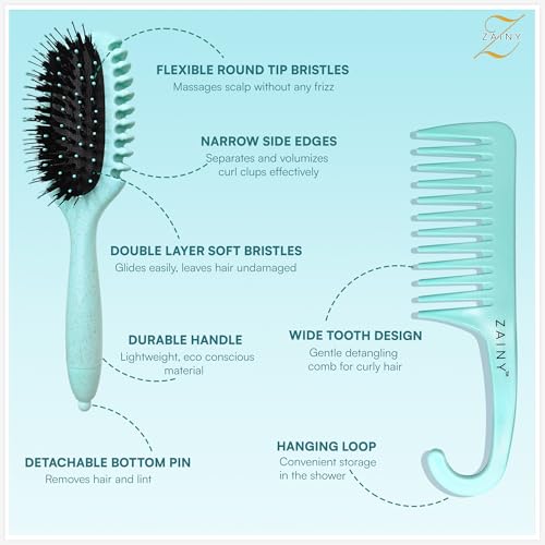Cepillo de pelo rizado y peine de dientes anchos ZAINY verde menta 4