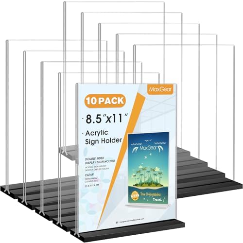MaxGear Acrylic Sign Holder 8.5x11 Vertical, 10 Pack Double Sided Clear Display Stand, Table Paper Holder, Plastic Menu Flyer Stand, Plastic Sign Frame for Stores, Restaurants, Hotels, Office