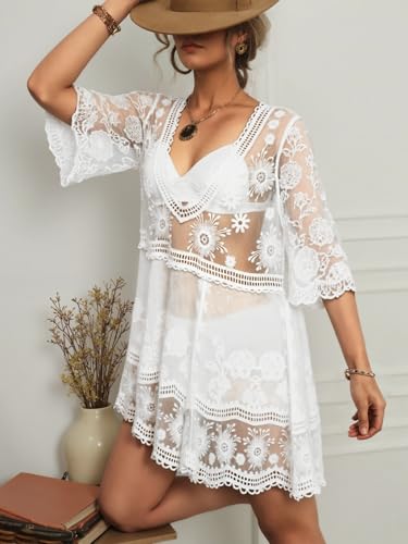Image of Eomenie Women's Contrast Lace Bathing Suit Cover Up V-Neck Swimsuit Coverups Loose Swimwear Beach Dress Beachwear