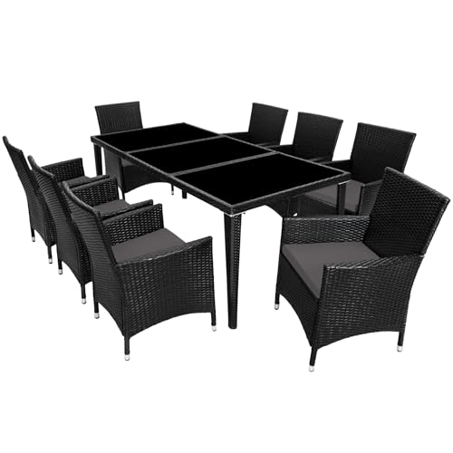 TecTake Conjunto muebles de jardín en aluminio y poly ratan 8+1 con set de fundas + Protección contra lluvia (Negro | No. 401161)