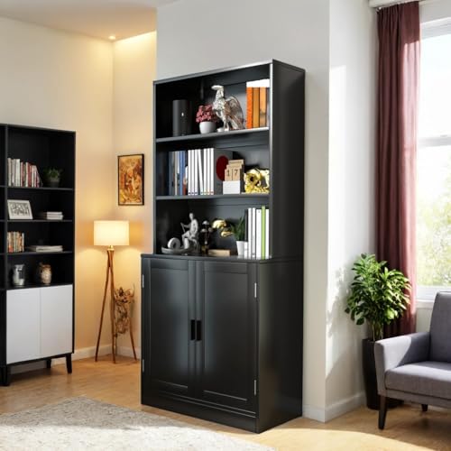 holzart 75\" Tall Bookcase with Doors, 5 Tier Large Bookshelf with Cabinet, Standing Wood Display Book Shelf for Living Room, Office, Library with Doors, Black