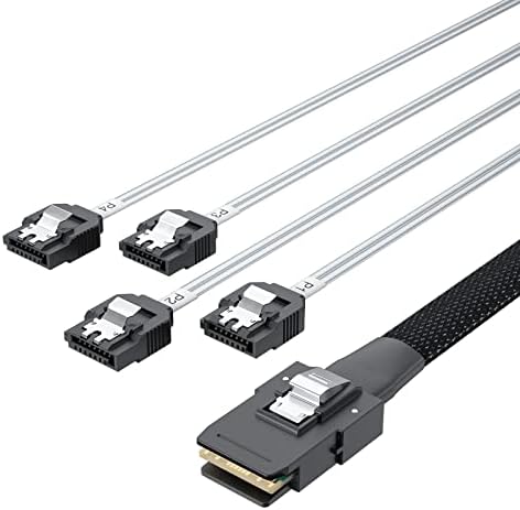 10Gtek 6G Internal Mini SAS 36pin SFF-8087 Male to 4X SATA 7pin Female Fan-Out Cable with Shrapnel, 0.5-m (1.6ft)