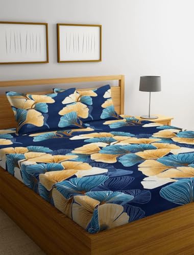 Image of NHD HOME Premium Cotton Elastic Fitted Bedsheets with 2 King Size Pillow Covers | Double Bed with All Around Elastic 220 TC Supersoft |Size-72 King Sizex78+10 inches | Floral Green and Yellow