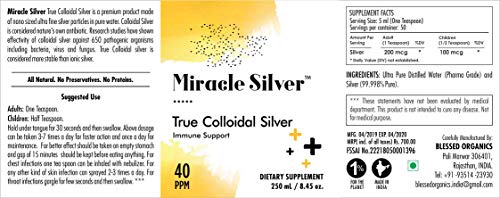 Blessed Organics Miracle Silver | True Colloidal Silver 40 Ppm 250 Ml | Nano Particle Yellow Silver | Natural Immune Booster | High Strength | Ultrafine Particles | Glass Bottle | Lab Certified - Drop