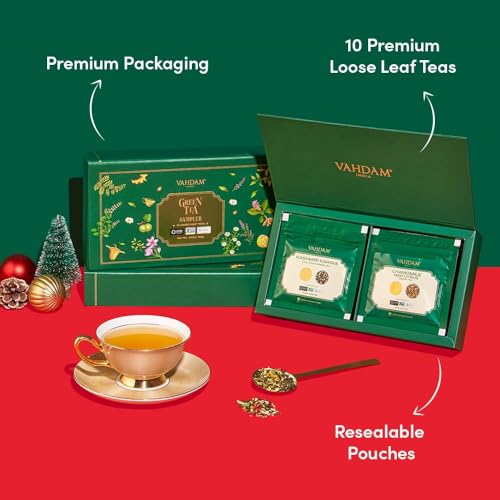 VAHDAM, Assorted Green Tea Loose Leaf Tea Gift Set (10 Flavors) Gift Ideas for Women & Men | Exotic Himalayan Green Tea Blends | Resealable Ziplock Pouch | Gifts for Him/Her