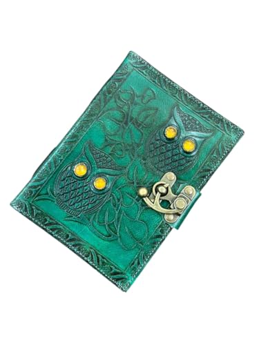 Carnet de notes cuir vert chouette feuilles blanches sans lignes - 2