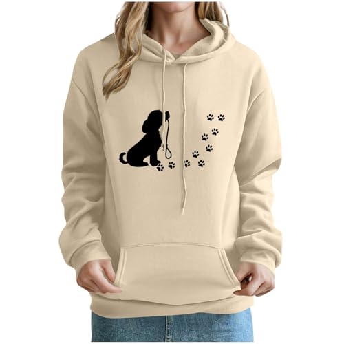 KOG Hoodie Damen Baumwolle Kapuzenpullover Hunde-Print Hooded Sweatshirt 2025 Kleidung Frau Oberteile Casual Langarmshirt Mode Warmes Große Größen Hoodies Sweatshirt mit Kapuze Khaki L