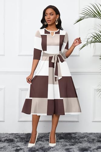 Image of CLOCOR Midi Dresses for Women Casual A-Line Fit and Flare Dress Crewneck 3 /4 Sleeve Keyhole Cocktail Party Church Dress
