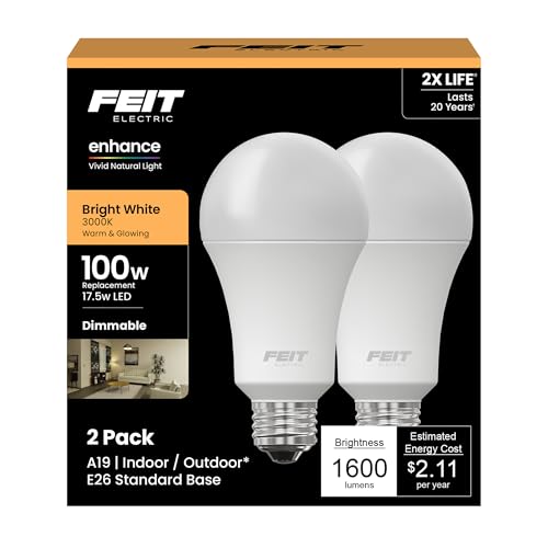 Feit Electric A19 100W Equivalent LED Light Bulbs, Dimmable, 3000k Bright White, 1600 Lumens, 22 Year Lifetime, E26 Base, CRI 90, UL Listed, Damp Rated, 2 Pack, OM100DM/930CA/2