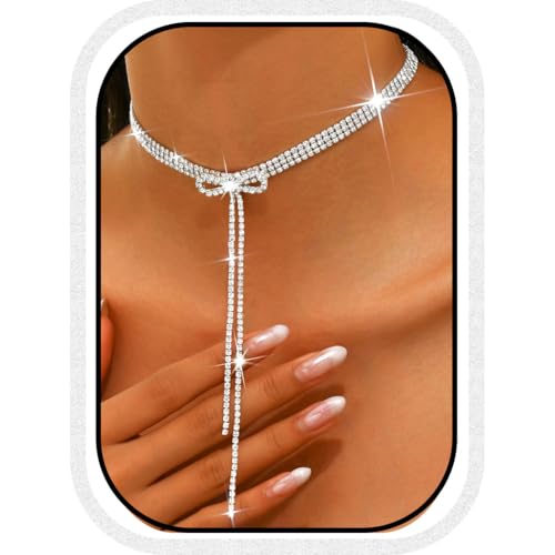 Atigy Silberfarbene Kristallhalskette mit Schleife und Quaste - Damen Schmuck für Partys und Anlässe