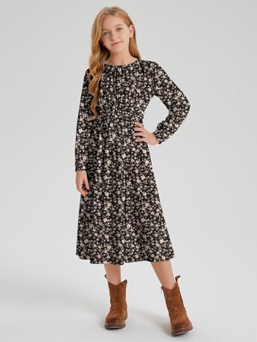 LaBeca Girls Casual Floral Printed Elastic Crew Neck High Waist Ruffle Sleeve Rayon Woven Midi Belted Dress with Pocket