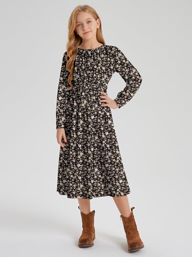 LaBeca Girls Casual Floral Printed Elastic Crew Neck High Waist Ruffle Sleeve Rayon Woven Midi Belted Dress with Pocket
