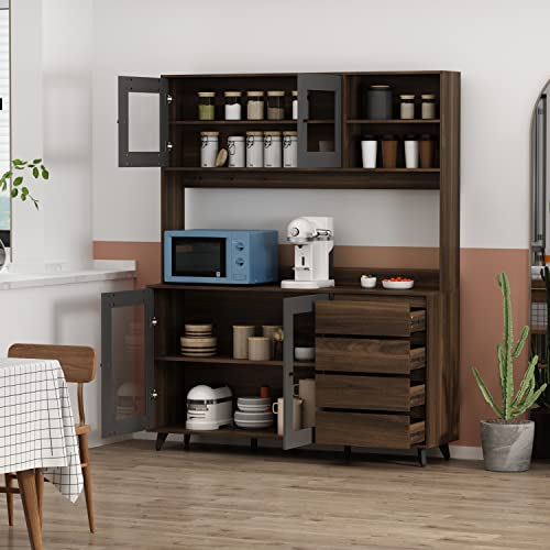Ecacad Freestanding Kitchen Pantry Storage Cabinet With Glass Doors, Shelves & Drawers, Modern Sideboard Buffet Cabinet, Wood Kitchen Cupboard With Hutch And Hooks, Dark Brown #TOP1